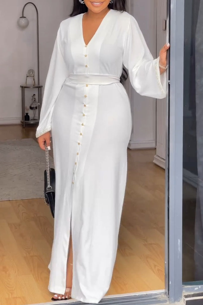 Casual Solid Color Buckle Slit With Belt Deep V Neck Long Dresses