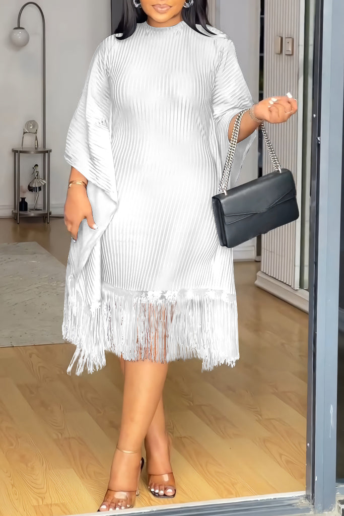 Elegant Stripe Fringed Trim O Neck Wrapped Skirt Dresses