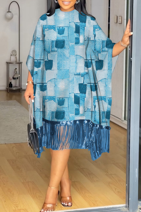 Elegant Print Fringed Hem O Neck Wrapped Skirt Dresses