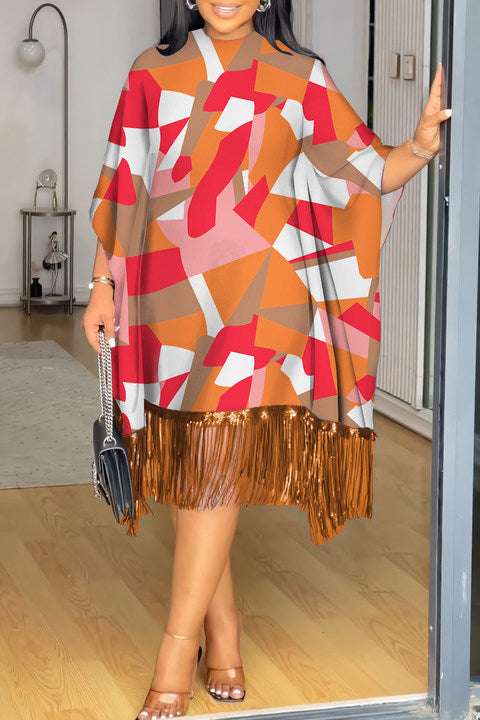 Elegant Print Fringed Hem O Neck Wrapped Skirt Dresses