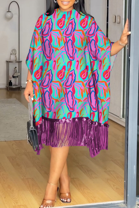 Elegant Print Fringed Hem O Neck Wrapped Skirt Dresses