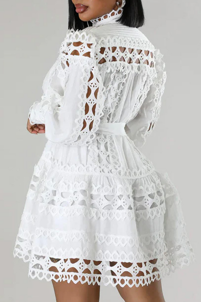 Elegant Solid Color Lace Buttons Mandarin Collar Mini Dresses