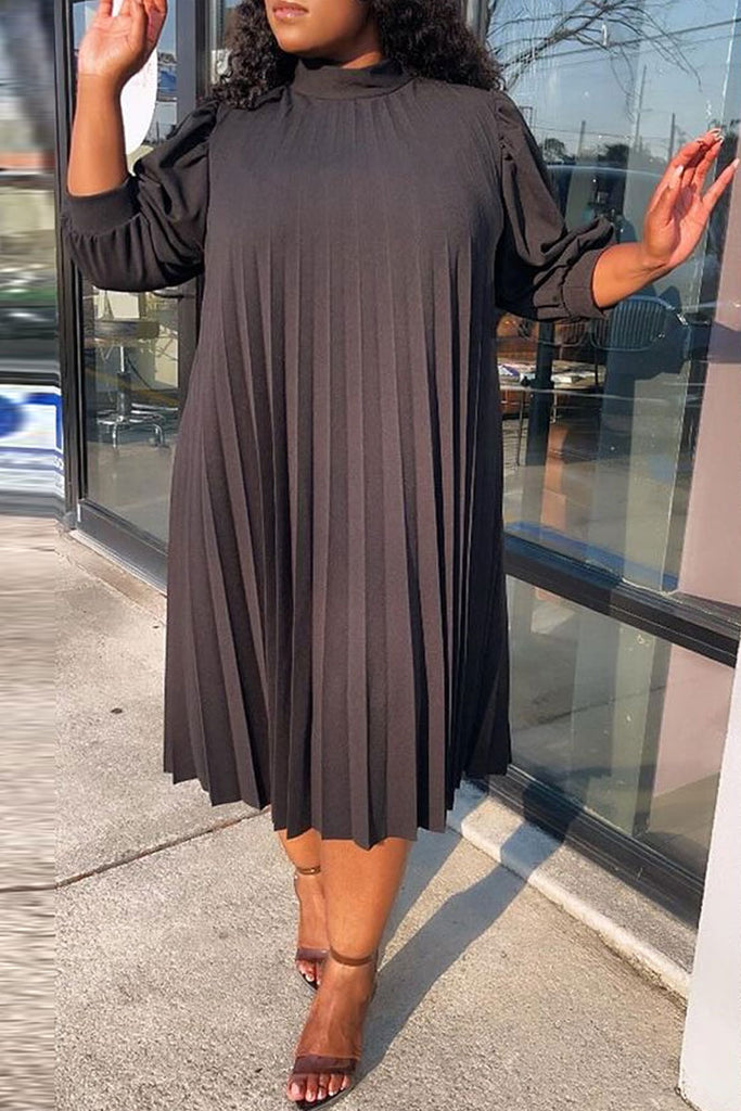 Casual Solid Color Ruched High Neck Long Sleeve Dresses