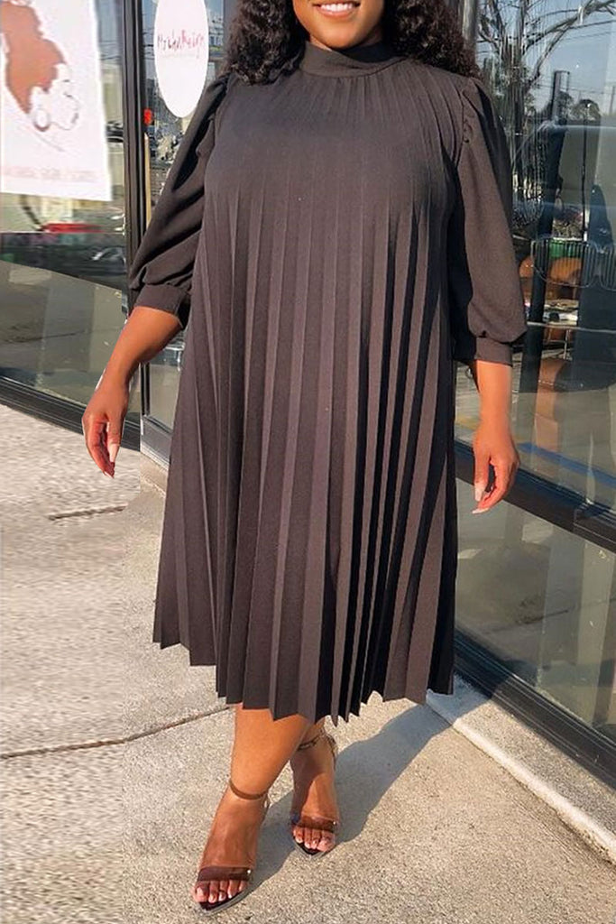 Casual Solid Color Ruched High Neck Long Sleeve Dresses