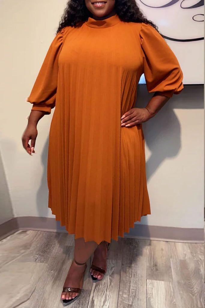 Casual Solid Color Ruched High Neck Long Sleeve Dresses