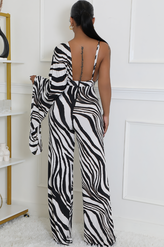 Elegant Zebra Print One Shoulder Regular Jumpsuits