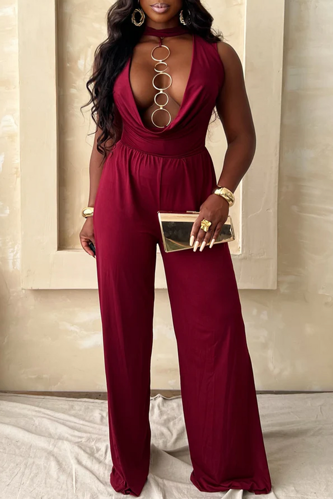 Daily Solid Color Metal Accessories Trim O Neck Loose Jumpsuits