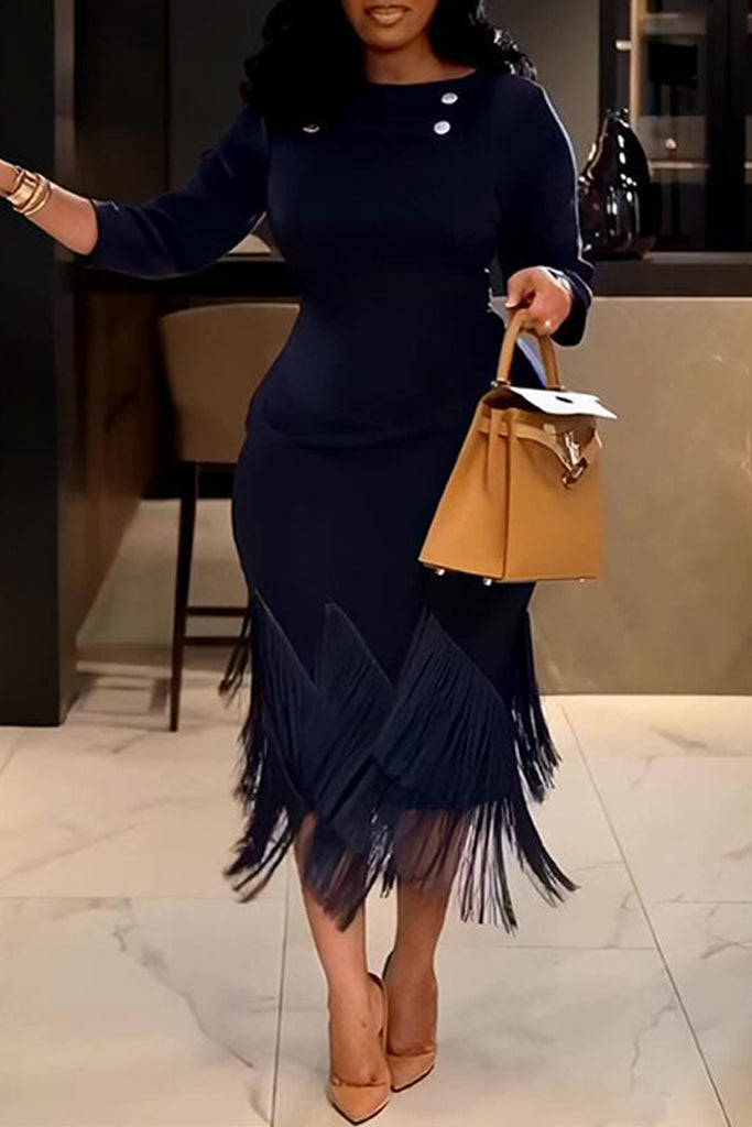 Casual Solid Color Fringed Hem O Neck Wrapped Skirt Plus Size Dresses