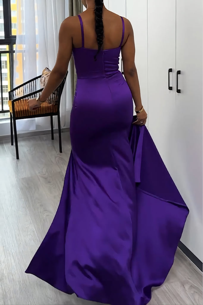 Party Prom Wedding Elegant Solid Color Slit Spaghetti Strap Long Dresses