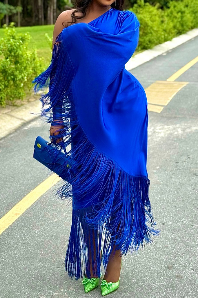 Elegant Solid Color Tassel One Shoulder A Line Dresses