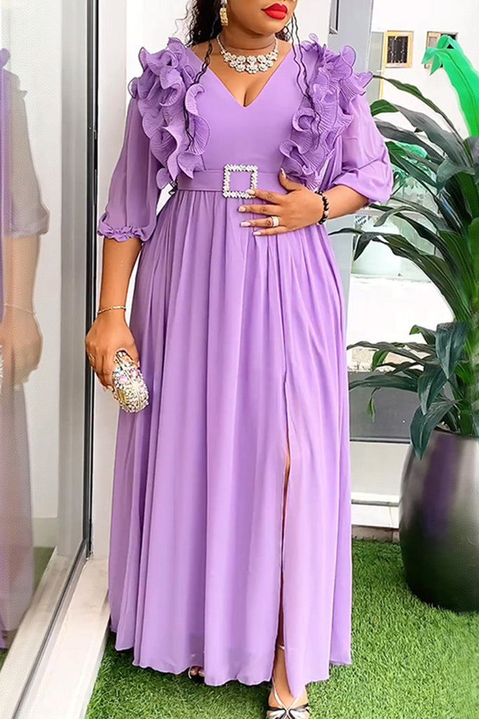 Elegant Solid Color Patchwork Slit With Belt Stringy Selvedge V Neck Long Plus Size Dresses