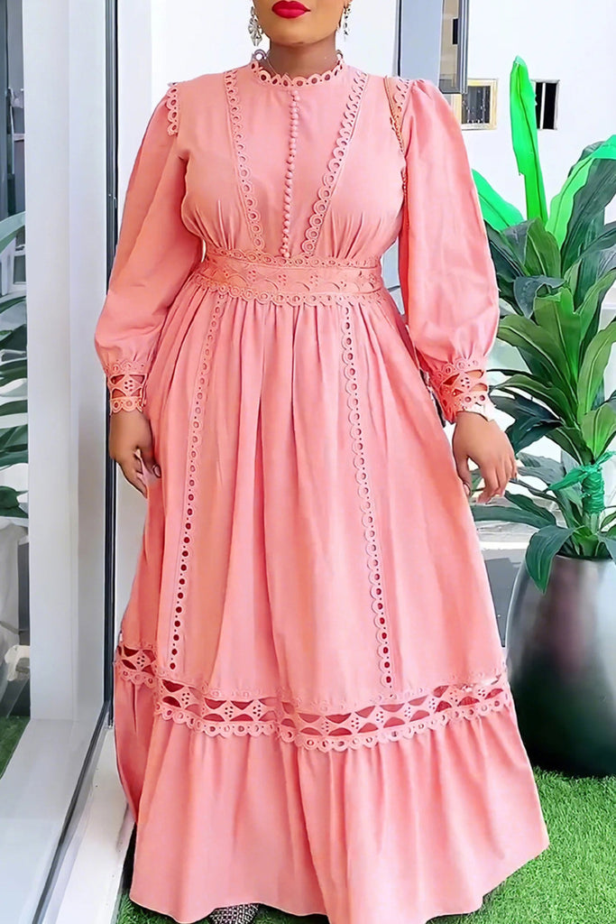 Elegant Solid Color Hollow Out Patchwork O Neck Long Plus Size Dresses