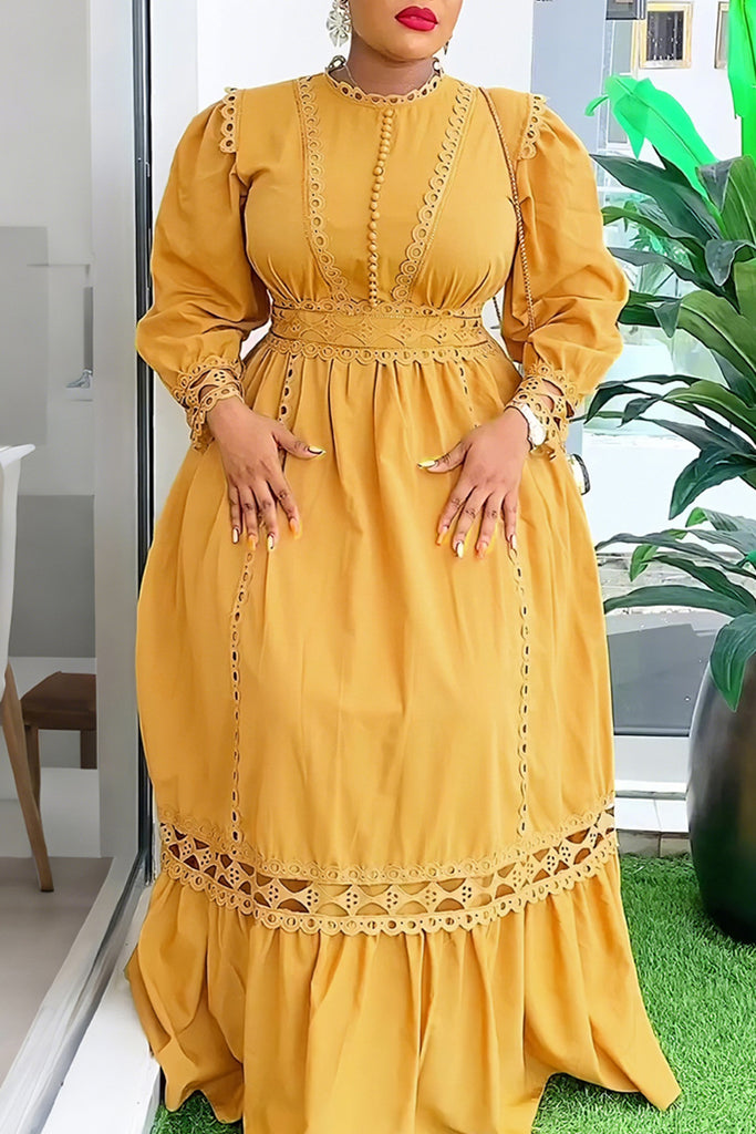 Elegant Solid Color Hollow Out Patchwork O Neck Long Plus Size Dresses