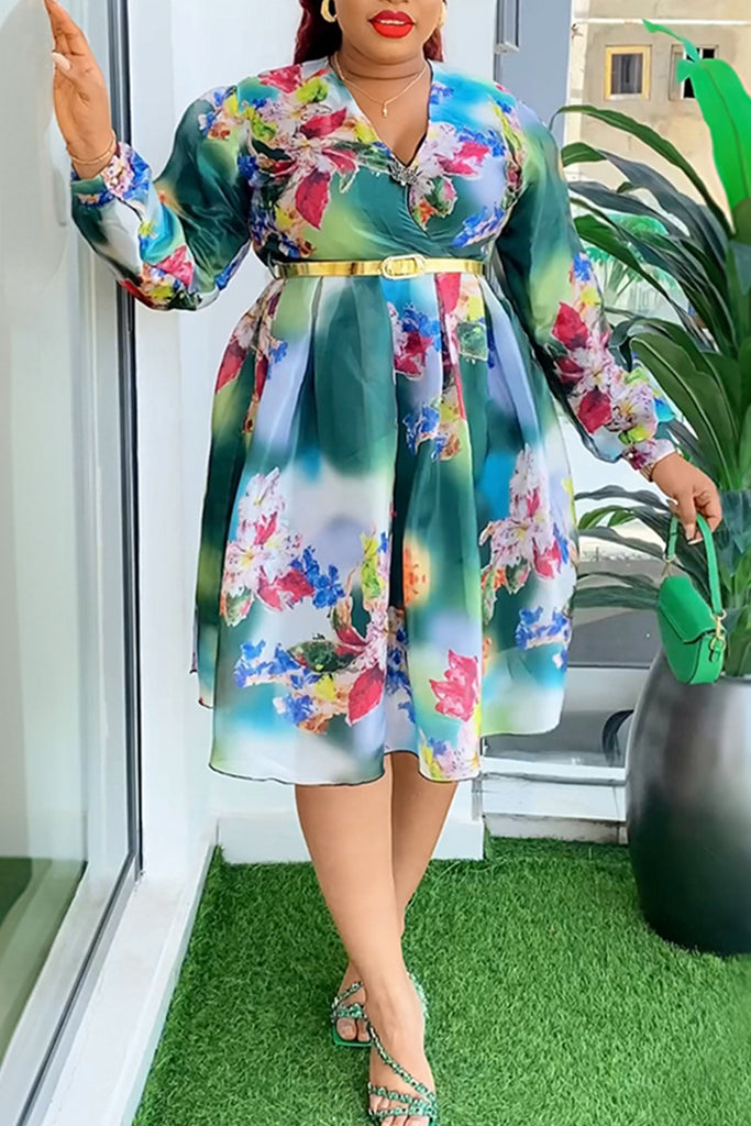 Elegant Print Patchwork With Belt Zipper V Neck A Line Plus Size Dresses