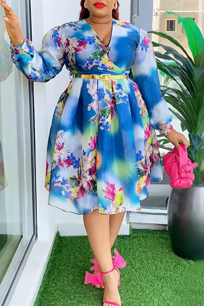 Elegant Print Patchwork With Belt Zipper V Neck A Line Plus Size Dresses