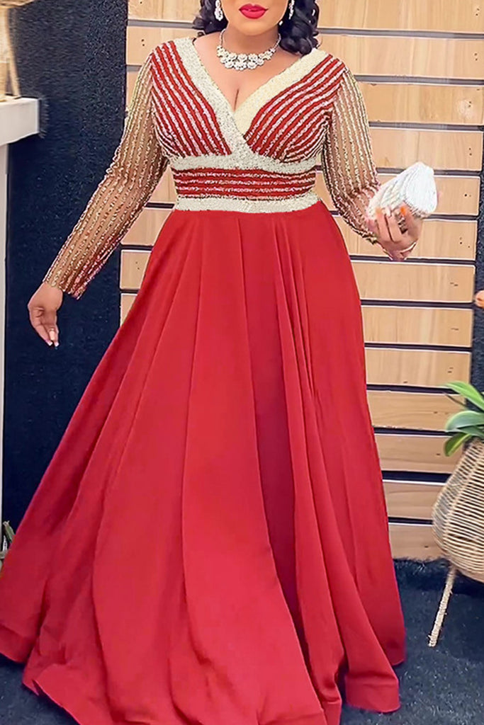 Elegant Patchwork Zipper V Neck Long Plus Size Dresses