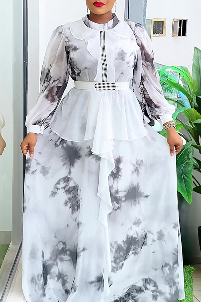 Elegant Print Patchwork Ruffle With Belt Zipper O Neck Long Plus Size Dresses