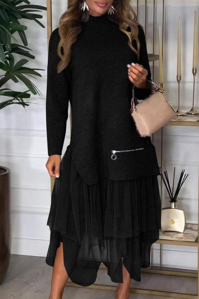 Casual Solid Color Slit Turtleneck Long Sleeve Two Pieces