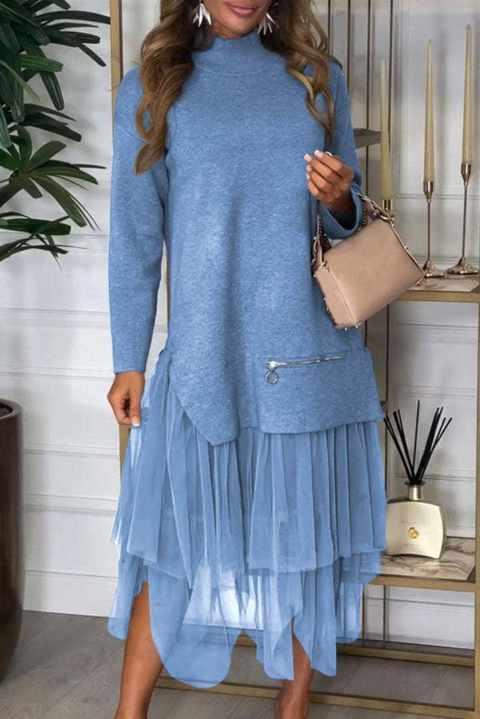 Casual Solid Color Slit Turtleneck Long Sleeve Two Pieces