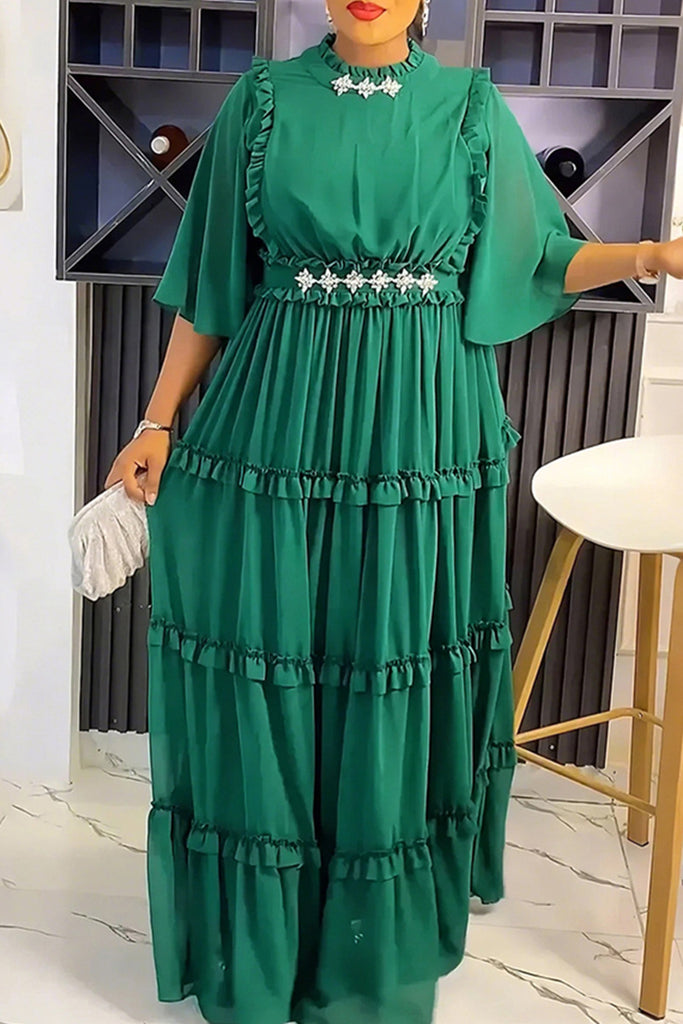 Elegant Solid Color Patchwork Zipper O Neck Long Plus Size Dresses