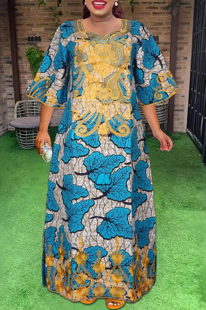 Elegant Print Patchwork Asymmetrical Collar Long Plus Size Dresses