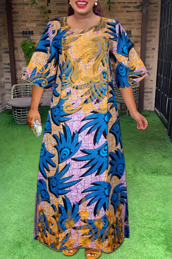 Elegant Print Patchwork Asymmetrical Collar Long Plus Size Dresses