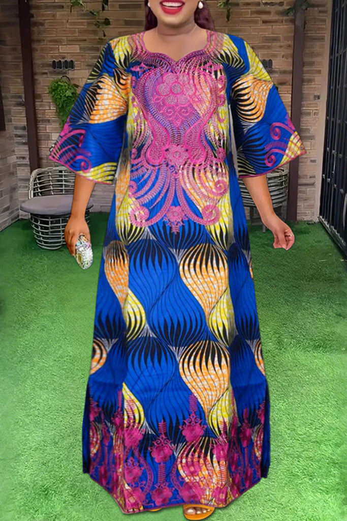 Elegant Print Patchwork Asymmetrical Collar Long Plus Size Dresses