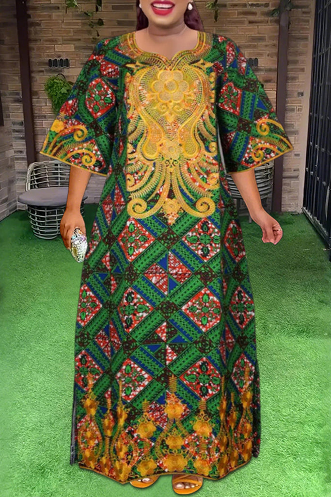 Elegant Print Patchwork Asymmetrical Collar Long Plus Size Dresses