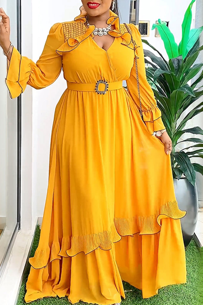 Elegant Solid Color Patchwork With Belt Stringy Selvedge Mandarin Collar Long Plus Size Dresses