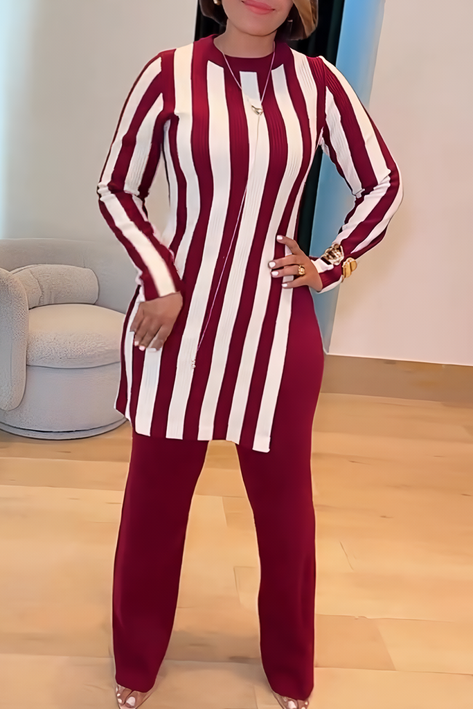 Daily Elegant Stripe Slit O Neck Long Sleeve Two Pieces