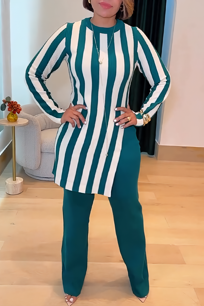 Daily Elegant Stripe Slit O Neck Long Sleeve Two Pieces