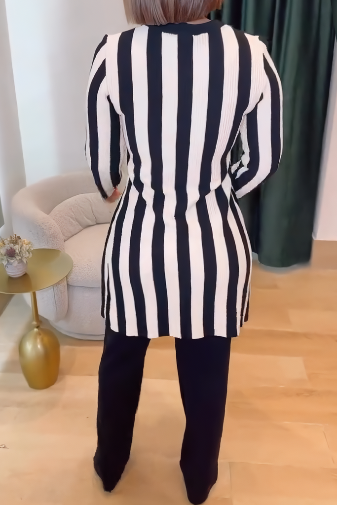 Daily Elegant Stripe Slit O Neck Long Sleeve Two Pieces