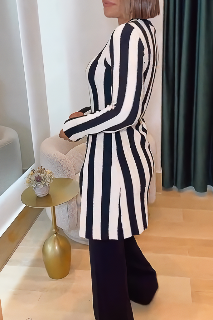 Daily Elegant Stripe Slit O Neck Long Sleeve Two Pieces