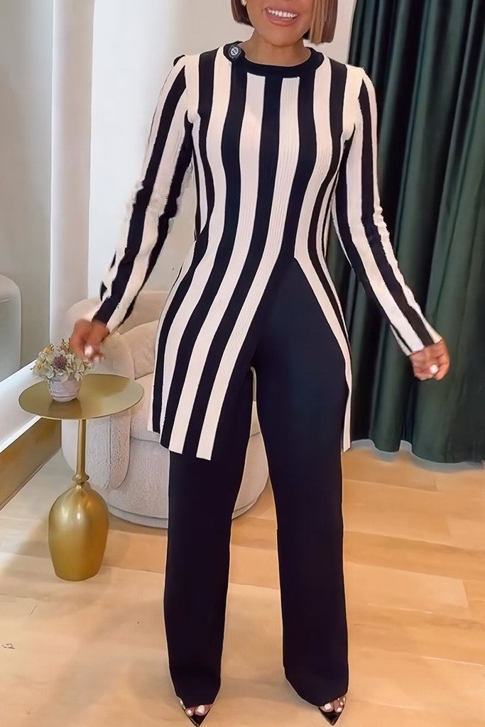 Daily Elegant Stripe Slit O Neck Long Sleeve Two Pieces