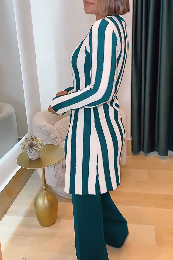 Daily Elegant Stripe Slit O Neck Long Sleeve Two Pieces