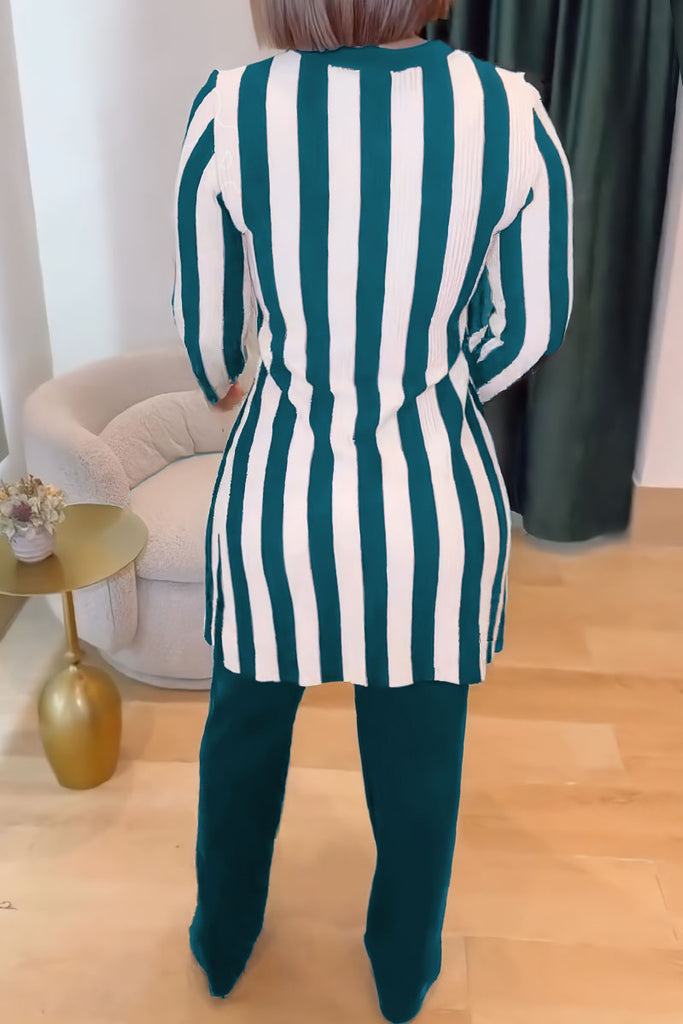 Daily Elegant Stripe Slit O Neck Long Sleeve Two Pieces