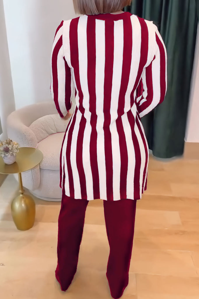 Daily Elegant Stripe Slit O Neck Long Sleeve Two Pieces