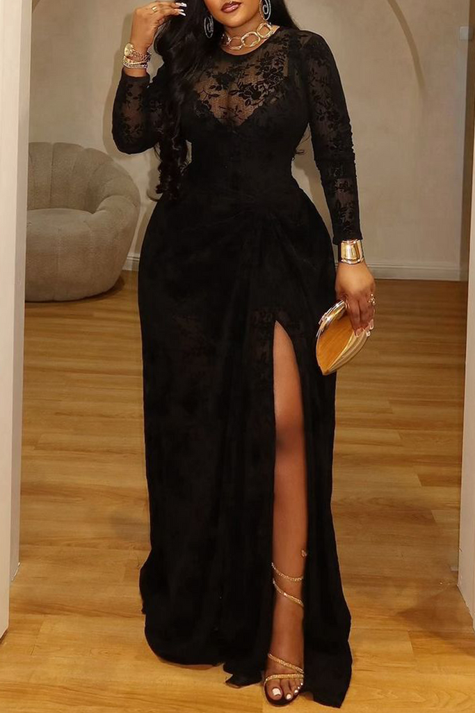 Sexy Prom Elegant Solid Color Lace Slit O Neck A Line Dresses