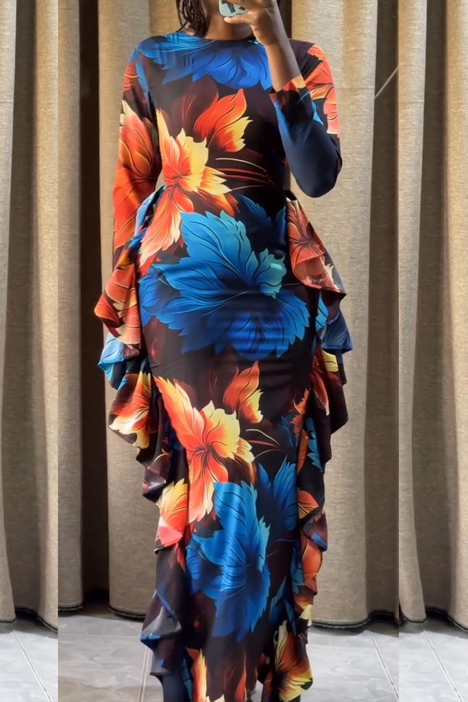 Casual Daily Elegant Print Flounce O Neck Wrapped Skirt Dresses