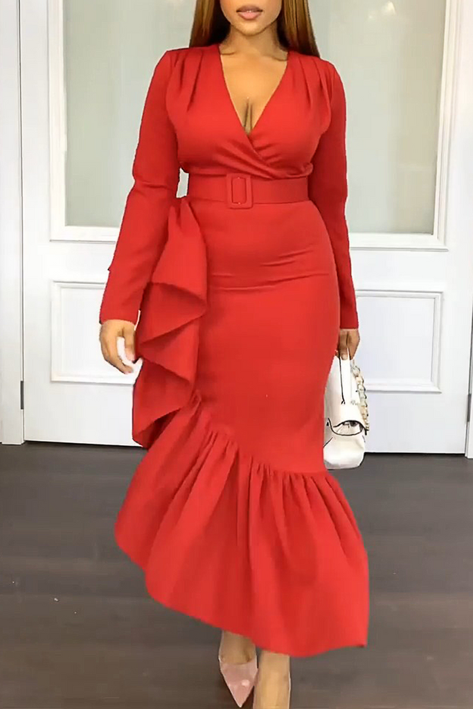 Party Celebrities Elegant Solid Color With Belt Flounce V Neck Wrapped Skirt Dresses