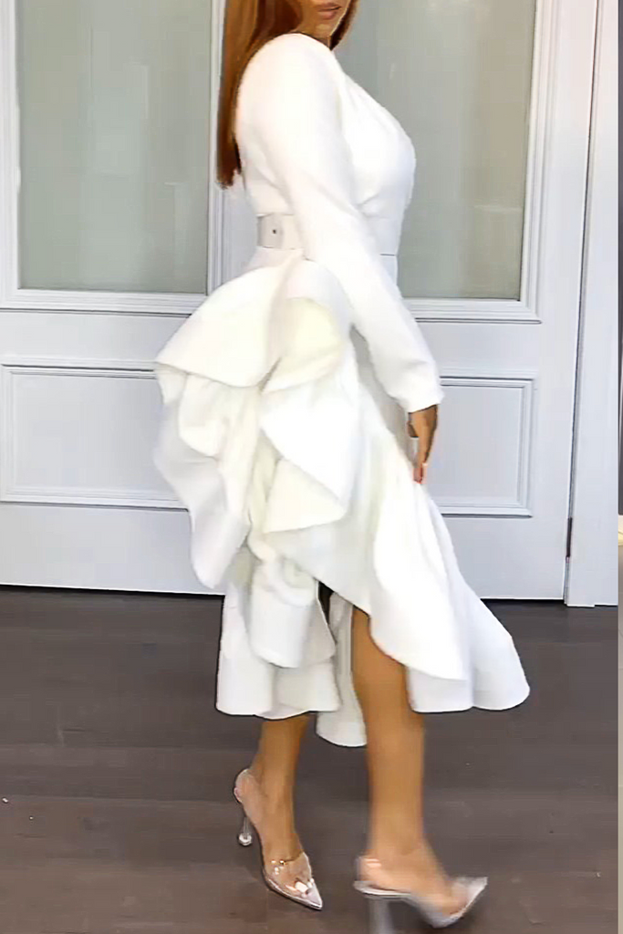 Party Celebrities Elegant Solid Color With Belt Flounce V Neck Wrapped Skirt Dresses