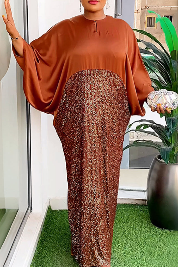 Casual Daily Elegant Patchwork Sequins O Neck Long Plus Size Dresses