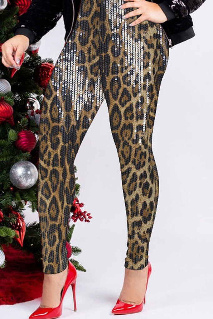 Casual Leopard Sequins Patchwork Skinny High Waist Pencil Patchwork Trousers