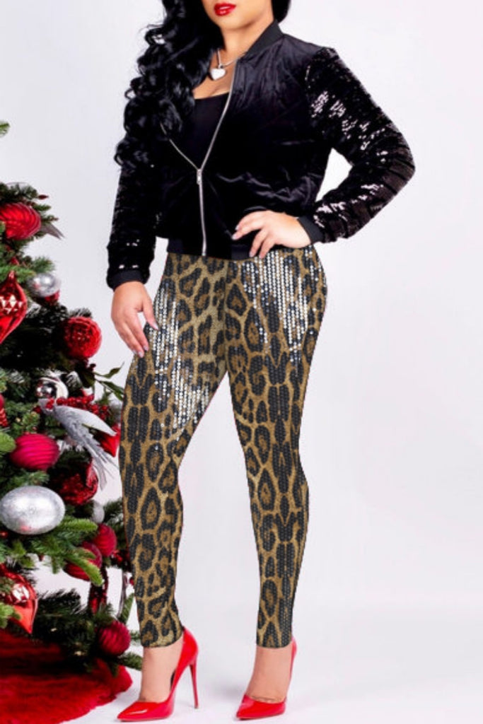 Casual Leopard Sequins Patchwork Skinny High Waist Pencil Patchwork Trousers