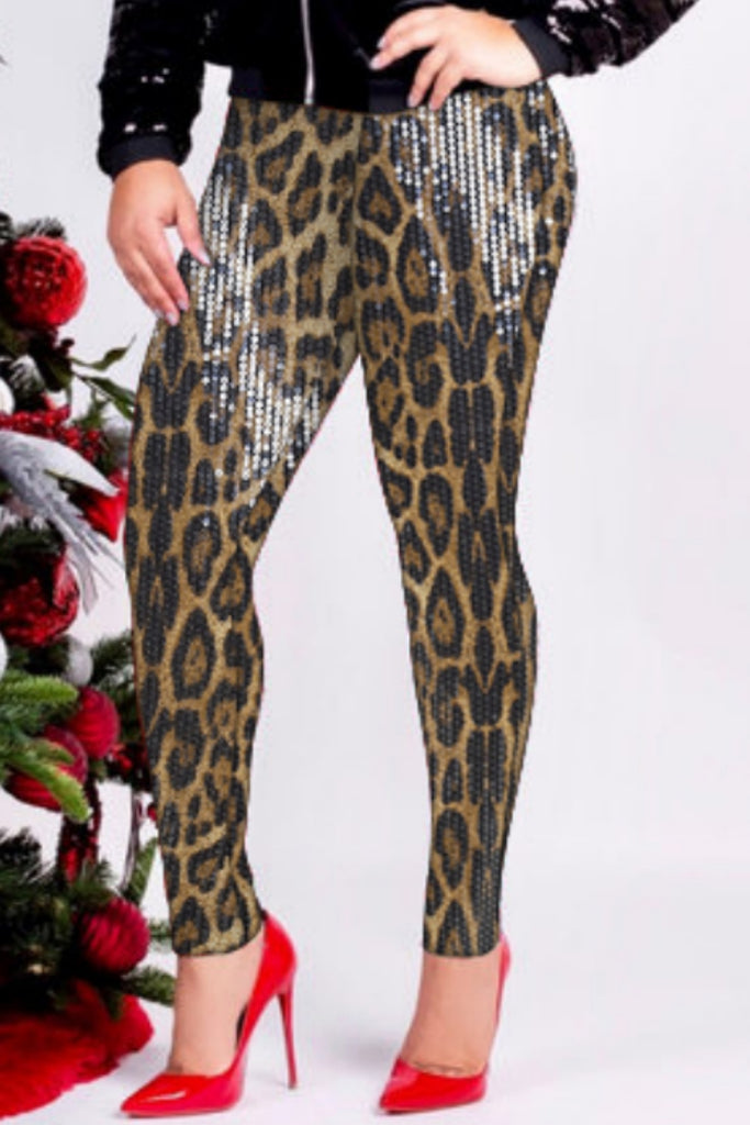 Casual Leopard Sequins Patchwork Skinny High Waist Pencil Patchwork Trousers