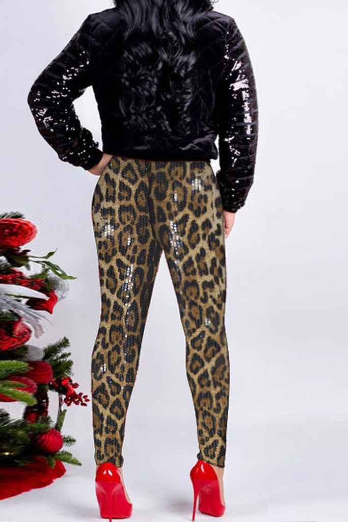 Casual Leopard Sequins Patchwork Skinny High Waist Pencil Patchwork Trousers