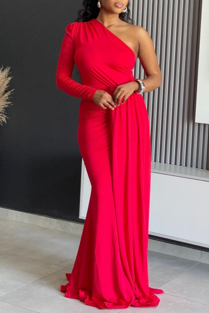 Sexy Formal Elegant Solid Color Backless Oblique Collar Evening Dresses