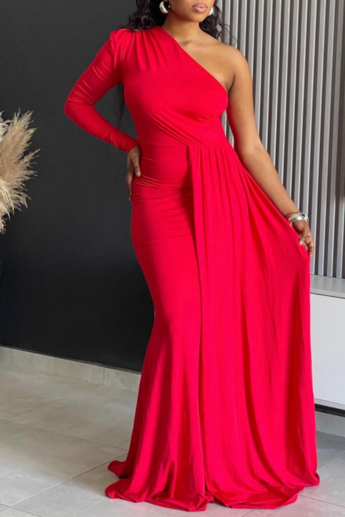 Sexy Formal Elegant Solid Color Backless Oblique Collar Evening Dresses