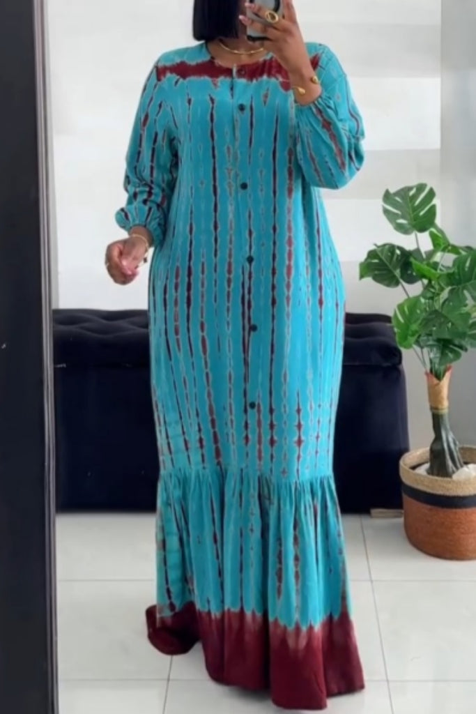 Casual Daily Print Buttons O Neck Long Dresses