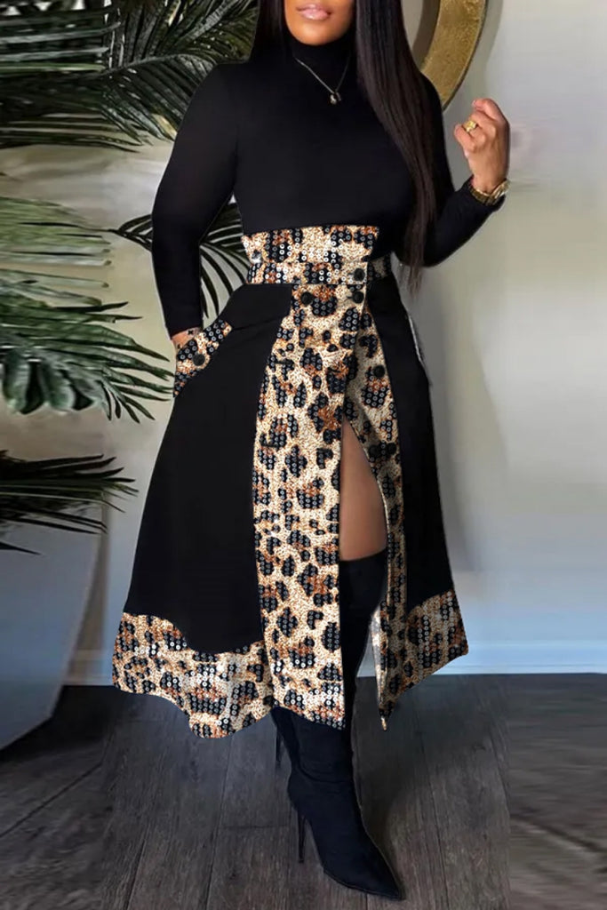 Casual Leopard Sequins Patchwork Slit Regular High Waist Conventional Patchwork Skirts